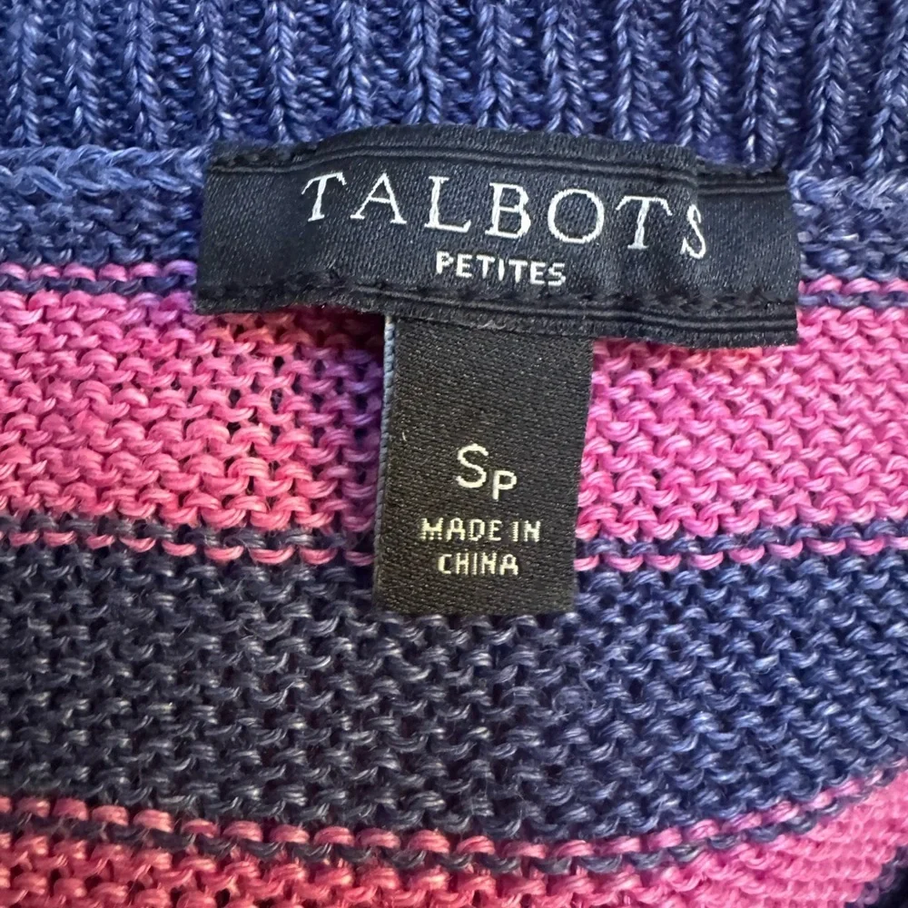 Talbots Petites 100% Linen Striped Knit Spring Sweater - Navy & Pink
